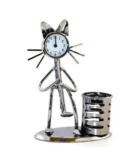 Kedi Tasarımlı Metal Saatli Kalemlik (Mavi)