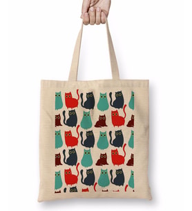 Kediler Cat Pattern Bez Çanta Uzun Saplı