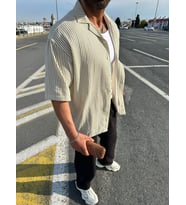 Haki Çizgili Kısa Kol Keten Gömlek (Beyaz-Siyah)