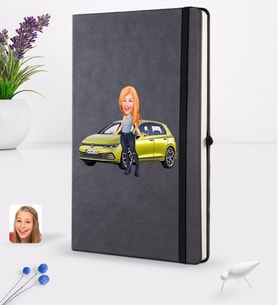 BK Gift Kişiye Özel Plakalı Kadın Volkswagen Golf Karikatürlü Siyah Termo Deri Defter 16x24cm Model 2