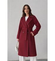 Neşeli butik kadın kuşak detaylı astarlı kaşe kaban NBG120