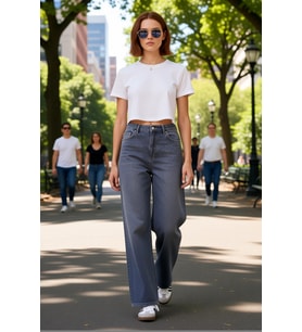 Kadın Yüksek Bel Geniş Paça Denim Pantolon Fonksiyonel Dayanıklı Kaliteli Konforlu Estetik