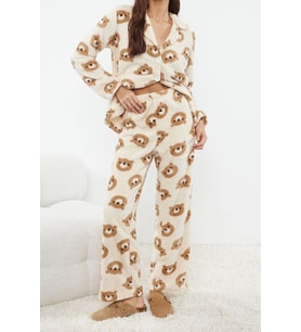 Tarz Rahat Uzun Kollu Geniş Paça Animal Wellsoft Örme Pijama Takımı