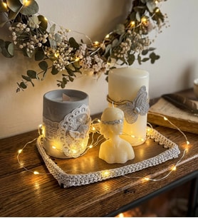 Premium Led Işıklı El Yapımı Tasarım Sunum Tepsili Gümüş 3'lü Mum Seti