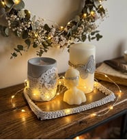 Premium Led Işıklı El Yapımı Tasarım Sunum Tepsili Gümüş 3'lü Mum Seti