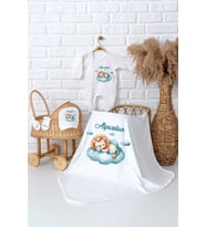 Pia Baby Premium  %100 Pamuk İsme Özel Erkek Bebek Hastane Çıkışı Tulumlu Bebek Hediye Seti 5004-05 (Ekru)