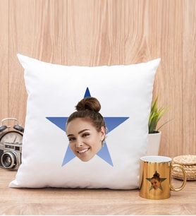 Kişiye Özel Mavi Yıldız Kafa Fotoğraflı Kare Yastık ve Gold Kupa