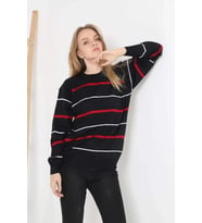 Unisex İnce Çizgili Bisiklet Yaka Triko Kazak - Siyah