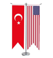 Masa Üstü Kırlangıç Amerika + Türk Bayrağı + Krom T Direk Masa Bayrak Seti