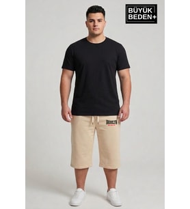 Büyük Beden Erkek 3XL-6XL Rahat Kalıp Cepli Brooklyn 1970 Baskılı Penye Kapri Şort SPR26BSR591-03