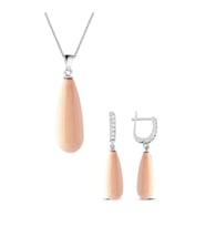 925 Ayar Gümüş Uzun Damla Model Kolye Küpe Pembe Inci Set