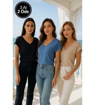 Kadın 3'lü Paket Siyah-Mavi-Bej Viskon V Yakalı T-shirt Kısa Kollu Rahat Kesim Bluz