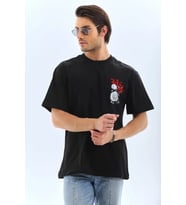 pilelistore- Unisex Oversize Baskılı Bisiklet Yaka T-Shirt - Siyah