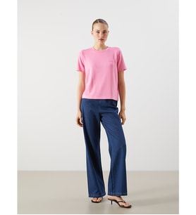 LCW Jeans İndigo Beli Lastikli Çizgili Wideleg Kadın Jean Pantolon