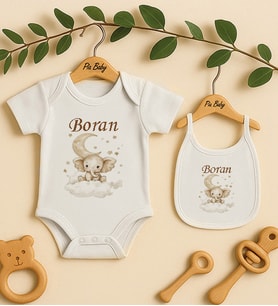 Pia Baby Premium %100 Pamuk İsme Özel Organik Baskılı Çıtçıtlı Bebek Body Ve Önlük 5030-20 (Ekru)