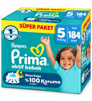 Prima Aktif Bebek Bebek Bezi 5 Beden 11-16 KG Junior 184 Adet Süper Aylık Pk