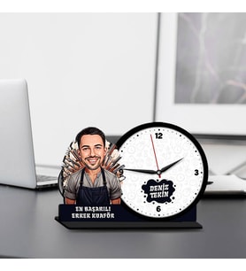 Erkek Kuaföre Hediye Karikatürlü MDF Masa Saati