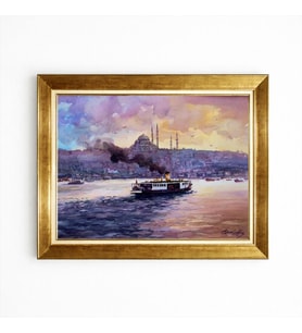 Tablore İstanbul Temalı Vapur Ve Camii Manzaralı Gold Çerçeveli Lüks Tablo