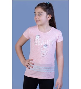 Toontoy Kız Çocuk Beauty Baskılı Tişört (Pembe Melanj)