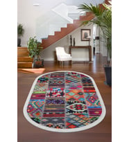 Dijidekor Halı Çok Renkli 9010 Yıkanabilir Saçaklı Oval Kesme İnce Yolluk Kilim Salon Halısı Modeli (Çok Renkli-Multı)