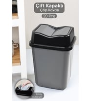 20 Litre Gri Çift Kapaklı Plastik Çöp Kovası - Ev, Ofis, Banyo, Mutfak
