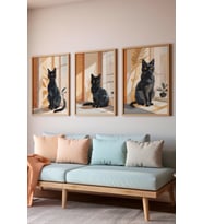 Siyah Kedi 3 Parçalı Ahşap Çerçeveli Tablo Seti