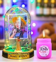 Kişiye Özel Renkli Led Işıklı Fanus ve Kokulu Mum Hediye Seti (Model 5)