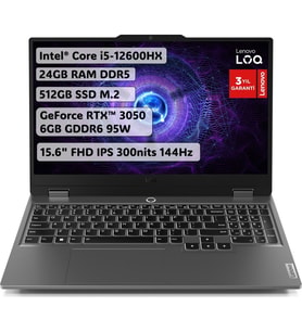 LenovoLOQ Intel Core i5 12600HX 24GB 512GB SSD RTX3050 Freedos 15.6" IPS Taşınabilir Bilgisayar 83GS00P5TR