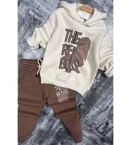 Erkek Çocuk Önü Yazı Ve Dino Baskılı Kapşonlu Sweatshirt 3 İplik Kahverengi Eşof