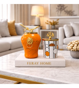 Dekoratif Obje Aslanlı Şah Soft Sarı Mermer Silindir Geometrik Desen Gold - Feray Home