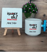 İşaret Dili Öğretmeni Hediye Seti Kupa Bardak T Kulplu ve Dekoratif Taş Öğretmenler Günü Hediyesi (Model 3)