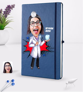 BK Gift Kişiye Özel Kadın Diş Hekimi Karikatürlü Lacivert Termo Deri Defter 16x24cm Model 2