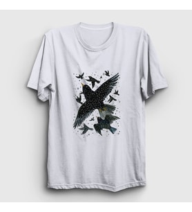 Presmono Unisex Beyaz Herd Of Birds Kuş Karga T-Shirt 321350tt