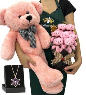Premium Set - 7'li Peluş Ayıcık Buketi, Gerçek Ametist Taşlı Lotus Kolye ve Pembe Ayıcık (Model 5)