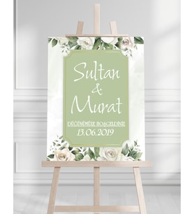 Söz Nişan Düğün İçin 50x70 Karşılama Panosu - Beyaz Gül Desenli