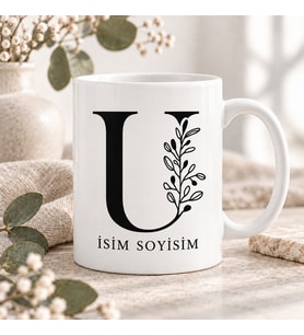 Kişiye Özel Baş Harf ve İsim Yazılı Modern Botanik Detaylı Seramik Kupa Bardak