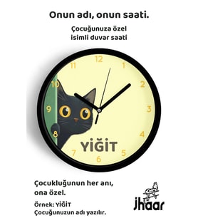 İsme Özel Sevimli Siyah Kedi Çocuk Odası Duvar Saati Orta Boy 30 cm Siyah Camlı Sessiz