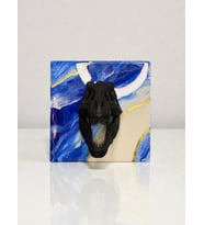 3D T-Rex Kafatası Altın Varaklı Geode Epoksi Duvar Tablosu, El Yapımı Heykelsi Sanat Eseri, 25×25 cm, Statement Tasarım (Mavi-Gold)