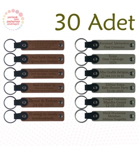 A Kahve & Kül Gri, Seyahat Tutkunlarına Veda Armağanı, 30’lu Set, Kişiye Özgü Yazılı Deri Anahtarlık