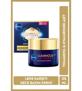 NİVEA LUMİNOUS630 LEKE KARŞITI VE NEMLENDİRİCİ GECE YÜZ BAKIM KREMİ 50ML, HYALURONİK ASİT
