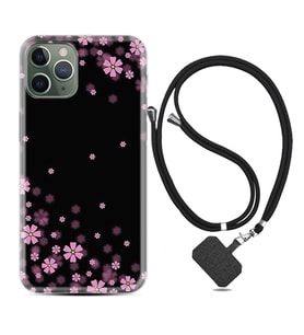 Apple iPhone 11 12 13 14 Pro Max Kılıf Boyun Askılı Silikon Black flowers 1391