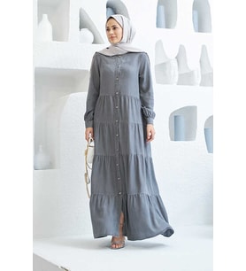 6556-Denim Düğmeli Büzgülü Elbise Gri