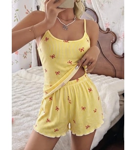 Giyim Kadın Sarı İnce Askılı Şortlu Pijama Takımı 5270