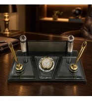Kişiye Özel Lüks Kristal Masaüstü İsimlik - Gold Detay Saatli & Çift Kalemli