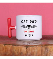 Kişiye Özel Kedi Babası Tasarımlı İsimli Cat Dad Yazılı Kupa Bardak Arkadaşa Hediye