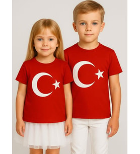 Çocuk Ay Yıldız Baskılı Yarım Kollu Pamuklu T-shirt