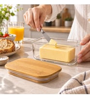 Bambu Kapaklı Borosilikat Cam Tereyağı Kavanozu 12 × 8 × 5 cm, Dikdörtgen Şeffaf Tereyağlık, Contalı Kapak, Kahvaltılık Saklama ve Sunum Kabı, 1 Adet