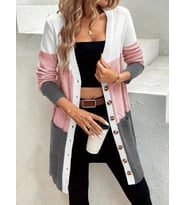 Kadın Uzun Kollu önden Düğmeli Ve Cepli Karışık Renkli Triko Hırka (Pembe)