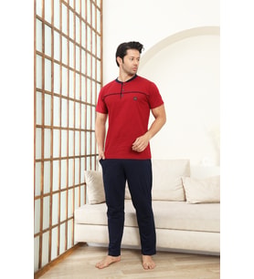 Erkek Pijama Takımı -%100 Pamuk -3 Düğmeli-Yaka Roba Biyeli 12608 ENİSENA (Bordo)