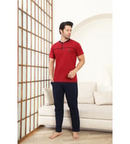 Erkek Pijama Takımı -%100 Pamuk -3 Düğmeli-Yaka Roba Biyeli 12608 ENİSENA (Bordo)